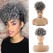 cheap Bangs-Afro High Puff Hair Bun Drawstring Ponytail With Bangs Short Kinky Curly Pineapple Pony Tail Clip in on Wrap Updo Ponytail Extensions