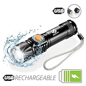abordables Linternas-linterna led recargable súper brillante con cabeza de carga usb trasera linterna impermeable con zoom luz portátil 3 modos de iluminación batería incorporada