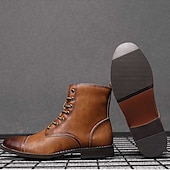 abordables Bottes de combat-bottines à lacets marron pour hommes – similicuir avec doublure en peluche chaude et semelle antidérapante durable, idéales pour les tenues décontractées d&#039;hiver