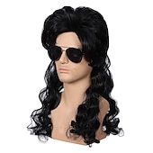 cheap Historical Wigs-Funny mens Carnival costume Wig Mens 70s 80s Long Curly Black Rocker Costume Wig Halloween Wigs