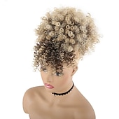 cheap Bangs-Afro High Puff Hair Bun Drawstring Ponytail With Bangs Short Kinky Curly Pineapple Pony Tail Clip in on Wrap Updo Ponytail Extensions
