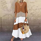 economico Abiti da vacanza-abito casual da donna abito svasato abito lungo maxi abito marrone mezza manica bottoni color block primavera estate scollo a V basic 2023 5xl