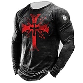 Men's Templar Cross Graphic Prints Cross T Shirt Distressed T Shirt Long Sleeve T shirt 3D Print Crew Neck Shirt Vintage Designer Lightweight Outdoor Daily Holiday Black Spring &  Fall Clothing3