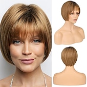 economico parrucca più vecchia-parrucca bionda bob con frangia ad aria per donne bianche 10 parrucche corte biondo cenere ombre con radici scure parrucche sintetiche parte laterale parrucchino dall&#039;aspetto naturale