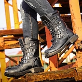 abordables Botas de ciclista-Botas de moto de cuero negro resistente para hombre: diseño resistente con múltiples hebillas y suela reforzada para uso en motociclistas y al aire libre