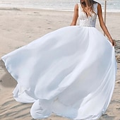 billiga lediga bröllopsklänningar-Strandbröllop Strand Öppen Rygg Boho Bröllopsklänningar A-Linjig V-Hals Ärmlös Golvlängd Chiffon Brudklänningar Med /
