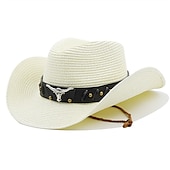 abordables Sombreros-Sombreros de vaquero para mujer, sombrero de paja panamá de estilo étnico, cinturón, sombreros occidentales decorados con vaca