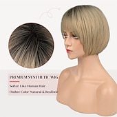 economico parrucca più vecchia-parrucca bionda bob con frangia ad aria per donne bianche 10 parrucche corte biondo cenere ombre con radici scure parrucche sintetiche parte laterale parrucchino dall&#039;aspetto naturale