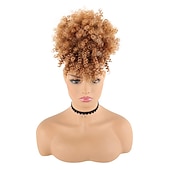 cheap Bangs-Afro High Puff Hair Bun Drawstring Ponytail With Bangs Short Kinky Curly Pineapple Pony Tail Clip in on Wrap Updo Ponytail Extensions