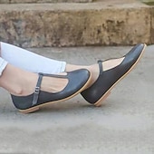 cheap Women&#039;s Flats-Women&#039;s Red Leather T-Strap Flats with Buckle Closure - Vintage-Inspired Casual Shoes