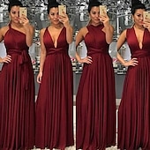 baratos Vestidos para Madrinhas-Linha A Vestido de Madrinha Decote V Sem Manga Conversível Longo Elastano com Faixa / Fita / Pregas 2022