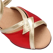 abordables Chaussures de danses latines-Chaussures de danse latine noires et dorées pour filles – sandales de salon en satin à talon bas avec brides croisées pour l&#039;entraînement, la performance et la compétition