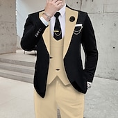 abordables Costumes de Retour-Pour des hommes Mariage Soirée Costumes Cranté Kaki foncé Noir + beige Couleur Unie Coupe sur mesure 3 pièces Simple boutonnage un bouton