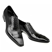 cheap Formal-Men&#039;s Black Faux Leather Oxford Dress Shoes - Classic Cap Toe Design with Brogue Detailing, Perfect for Formal Events, Weddings, and Business Attire