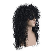 abordables Pelucas históricas-Peluca de rockero metal de los años 70 80 peluca larga rizada negra de hombre para fiesta disfraz anime pelucas de Halloween