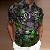 baratos Polo Masculino Estampa Animal-Homens Tigre Camisas Polo com zíper Camisa de golfe Manga Curta Camisas polo Camisas de colarinho Casual Engraçado Streetwear Roupas de férias Trajes de festa Impressão 3D Polo com fecho de correr de