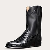 levne Cowboy &amp; Western Boots-pánské hnědé westernové kovbojské boty s krokodýlím potiskem z umělé kůže - vintage styl, ideální pro outdoorové i běžné nošení
