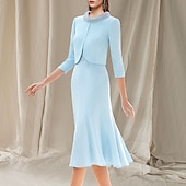 preiswerte Mit Jacke-Zweiteilig Meerjungfrau Brautmutterkleid Hochzeitsgast Kirche Eleganter Juwelenhals Knielang dehnbarer Chiffon Ärmellos Kurzjacken-Kleider mit Perlen Renntag Kleid