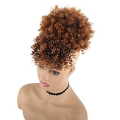 cheap Bangs-Afro High Puff Hair Bun Drawstring Ponytail With Bangs Short Kinky Curly Pineapple Pony Tail Clip in on Wrap Updo Ponytail Extensions