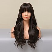 abordables Perruques Synthétiques Sans Bonnet-ombre auburn brun blonde longues perruques ondulées avec une frange cheveux naturels quotidiens pour les femmes perruques de fête de noël
