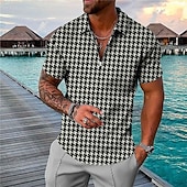 Men's Houndstooth Hawaiian Polo Shirts Golf Shirt Short Sleeve Polo Shirts Collared Shirts Casual Beach Wear Vacation Wear Party Outfits 3D Print Quarter Zip Polo Black4