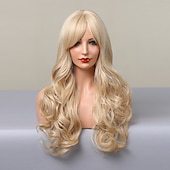 abordables Perruques Synthétiques Sans Bonnet-ombre auburn brun blonde longues perruques ondulées avec une frange cheveux naturels quotidiens pour les femmes perruques de fête de noël