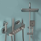 cheap Outdoor Shower Fixtures-Shower Faucet,Rainfall Shower Set Piano Digital Intelligent Brass Bathroom Faucets Hot Cold Waterfall Tap Rainfall Gray/White/Black Shower System