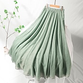 cheap Dresses-Women&#039;s Asian Size Swing Long Skirt Linen Skirts Elegant Basic Casual Maxi Skirts Solid Colored Pleated Tulle Long Office / Career WorkWear Black White Yellow Light Green Spring &amp; Summer Linen Cotton