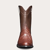 levne Cowboy &amp; Western Boots-pánské hnědé westernové kovbojské boty s krokodýlím potiskem z umělé kůže - vintage styl, ideální pro outdoorové i běžné nošení