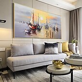 voordelige Schilderijen van landschappen-olieverfschilderij 100% handgemaakte handgeschilderde kunst aan de muur op canvas abstracte oceaan zeilboot zonsondergang landschap woondecoratie decor opgerold canvas geen frame niet uitgerekt
