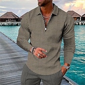 preiswerte Urlaub-Herren Geometrisch Hawaiianische Polohemden Golfshirt Langarm Polo-Shirts Hemden mit Kragen Lässig Strandbekleidung Urlaubskleidung Party-Outfits 3D-Druck Viertelreißverschluss-Poloshirt Gelb Rote