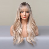 abordables Perruques Synthétiques Sans Bonnet-ombre auburn brun blonde longues perruques ondulées avec une frange cheveux naturels quotidiens pour les femmes perruques de fête de noël