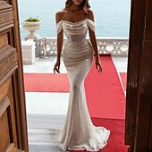 abordables BLANC-Robe de bal sirène en sequins pour invitée de mariage robe de fête longueur de sol manches courtes épaule dénudée réception de mariage d&#039;automne avec robe masquée froncée 2025