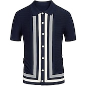 cheap Men&#039;s Classic Polo-Men&#039;s Knit Polo Sweater Polo Shirt Street Casual Button Classic Short Sleeve Fashion Casual Graphic Striped Button Front Summer Spring Fall Regular Fit Navy Blue Green Khaki Knit Polo Sweater