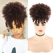 cheap Bangs-Afro High Puff Hair Bun Drawstring Ponytail With Bangs Short Kinky Curly Pineapple Pony Tail Clip in on Wrap Updo Ponytail Extensions