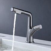 お買い得  浴室・洗面台用水栓金具-引き出し式スプレー付きバスルームシンク蛇口、真ちゅう製リフト可能3モード電気メッキ/塗装仕上げセンターセットシングルハンドル1穴洗面所回転注ぎ口冷温水バスタップ用