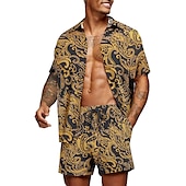 お買い得  メンズプリントシャツセット-男性用 グラフィック シュロの葉 熱帯植物 2個 シャツセット アロハシャツ 半袖 ショートパンツ 折襟 デザイナー ビーチスタイル バケーション カジュアル 日常 3D 夏 シルバー レッド-ホワイト グリーン-ブラック