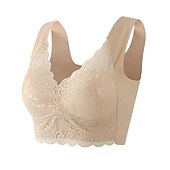 billiga Behåar-trådlösa behåar för kvinnor vadderade behåar full täckning v-hals andas push up spets ren färg pull-on stängningsdatum ledig daglig nylon sexig 1st svart blå/bh &amp;amp; braletter / 1 st hemkläder