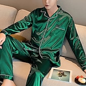abordables Pijamas-Hombre Pijamas Satén y Seda Bata de noche Pijama Color puro Moda Suave Hogar Cama Seda sintética Diseño Manga Larga Pantalón Otoño Primavera Plata Verde Trébol