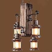 cheap Lantern Design-Wooden Retro Chandelier Industrial Retro Chandelier Black Metal Bedroom Dining Room Suspension Lantern Frame with Glass Shade House Loft Bar Coffee Decoration Chandelier Accessories, E27