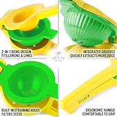 abordables Utensilios de cocina y gadgets-Exprimidor de lima limón 2 en 1 - exprimidor de mano exprimidor de limón - exprimidor de cítricos manual de extracción máxima (atolón amarillo y azul vibrante)