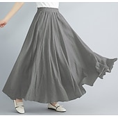 abordables Robes-Femme Balançoire Jupe longue Elégant Eté Maxi Jupes Couleur Pleine Plissé Casual Quotidien Noir Blanche Jaune Rouge Printemps &amp; Automne Coton Coton et lin