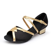 abordables Chaussures de danses latines-Chaussures de danse latine noires et dorées pour filles – sandales de salon en satin à talon bas avec brides croisées pour l&#039;entraînement, la performance et la compétition