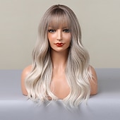 abordables Perruques Synthétiques Sans Bonnet-ombre auburn brun blonde longues perruques ondulées avec une frange cheveux naturels quotidiens pour les femmes perruques de fête de noël