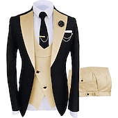 abordables Costumes de Retour-Pour des hommes Mariage Soirée Costumes Cranté Kaki foncé Noir + beige Couleur Unie Coupe sur mesure 3 pièces Simple boutonnage un bouton
