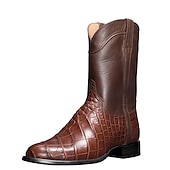 levne Cowboy &amp; Western Boots-pánské hnědé westernové kovbojské boty s krokodýlím potiskem z umělé kůže - vintage styl, ideální pro outdoorové i běžné nošení