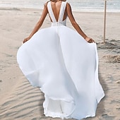 billiga lediga bröllopsklänningar-Strandbröllop Strand Öppen Rygg Boho Bröllopsklänningar A-Linjig V-Hals Ärmlös Golvlängd Chiffon Brudklänningar Med /