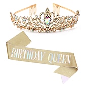 cheap Wearable Accessories-Birthday Crown &amp; Birthday Girl Sash Set, Rhinestone Tiaras and Crowns for Women Girls Gold Tiara Birthday Gold Sash Princess Tiaras Queen Crowns for Birthday Party Photoshoot