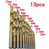 cheap Drill Bit Set-13pc 2-12mm Round Shank Twist Drill Bit Set Titanium Coated Hole Cutter High Speed Steel Gun Drill Bit Woodworking Metal Tool