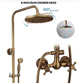 cheap Shower Faucets-Vintage Shower System Faucet Combo Set Ceramic Mixer Valve, 8 inch Brass Rainfall Shower Head Showerhead with Handheld Spray, Antique Wall Mounted Tub and Shower Kit Bathroom Bath